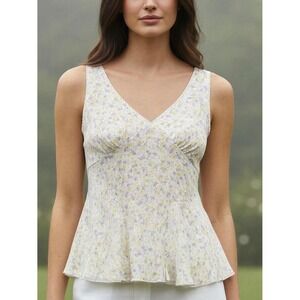 La Peche Floral V-Neck Peplum Camisole Top Lavender Yellow Size Large NWT‎